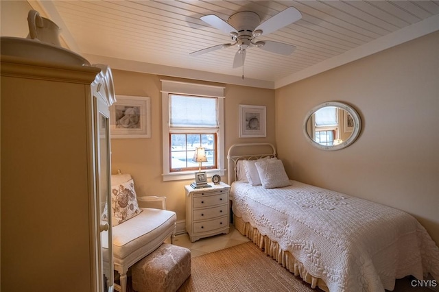 bedroom with a ceiling fan and wood ceiling