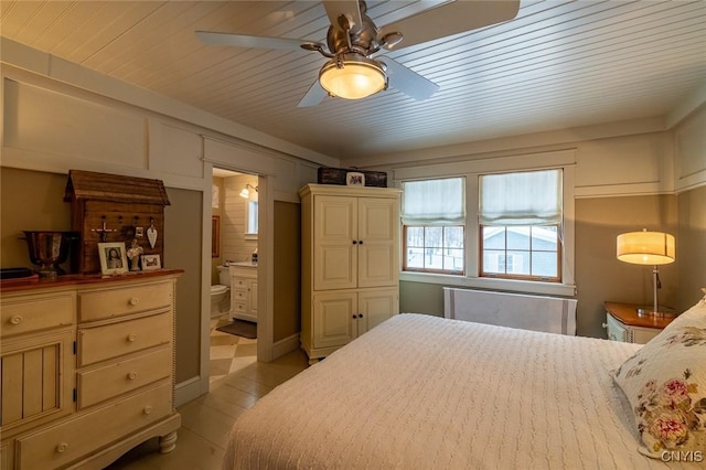 bedroom featuring wooden ceiling, ensuite bath, and a ceiling fan