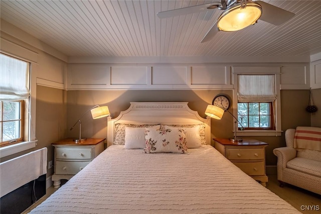 bedroom featuring wood ceiling and a ceiling fan