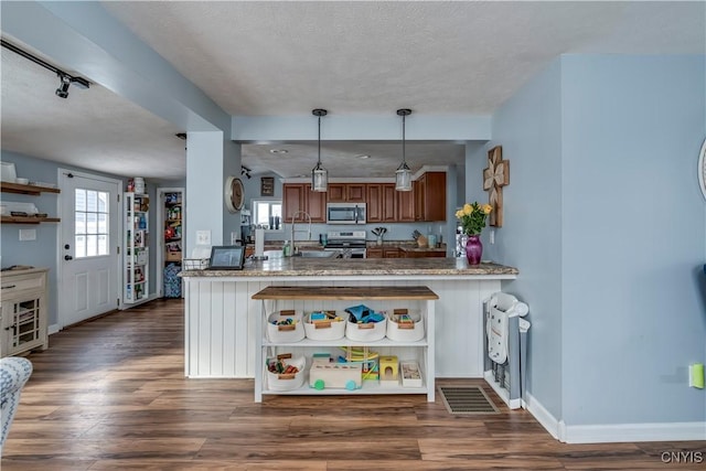 kitchen with a peninsula, appliances with stainless steel finishes, hanging light fixtures, and a sink