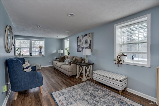 living room featuring baseboards and dark wood-style flooring