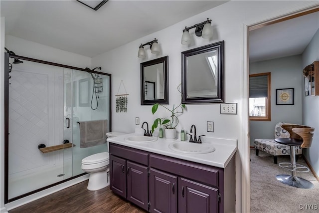 bathroom featuring toilet, a shower stall, double vanity, and a sink