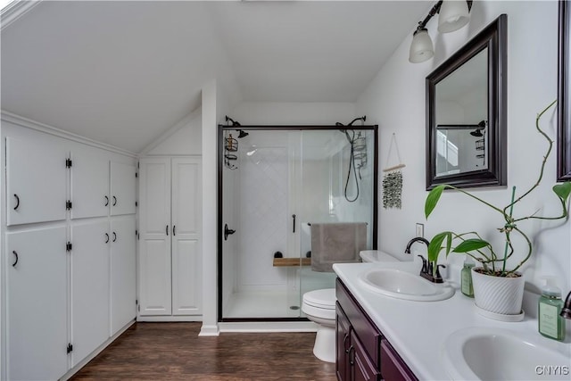 bathroom with toilet, wood finished floors, a sink, a shower stall, and double vanity