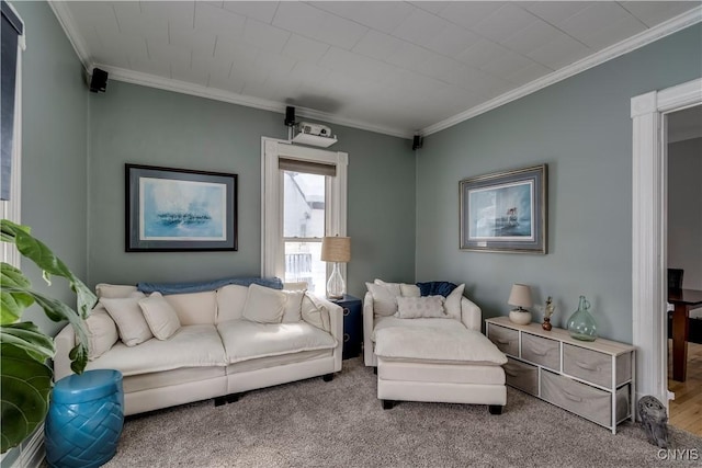 sitting room with crown molding and carpet flooring