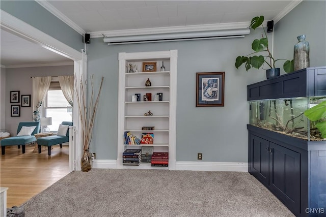 interior space featuring crown molding, baseboards, and carpet floors