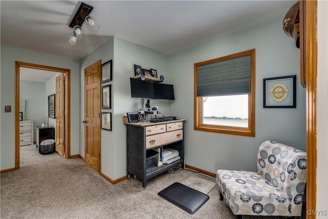 living area with light carpet and baseboards