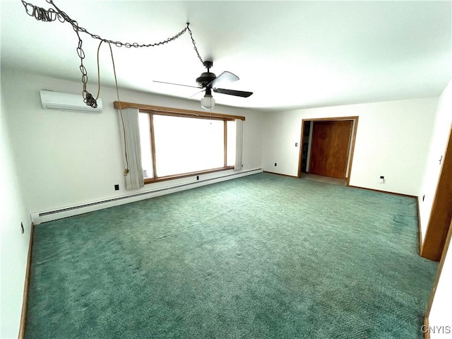 unfurnished room with dark carpet, baseboard heating, an AC wall unit, ceiling fan, and baseboards