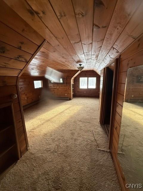 bonus room featuring wooden ceiling, wooden walls, a wealth of natural light, and carpet flooring