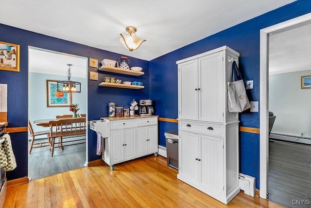 bar featuring light wood-style floors and a baseboard radiator