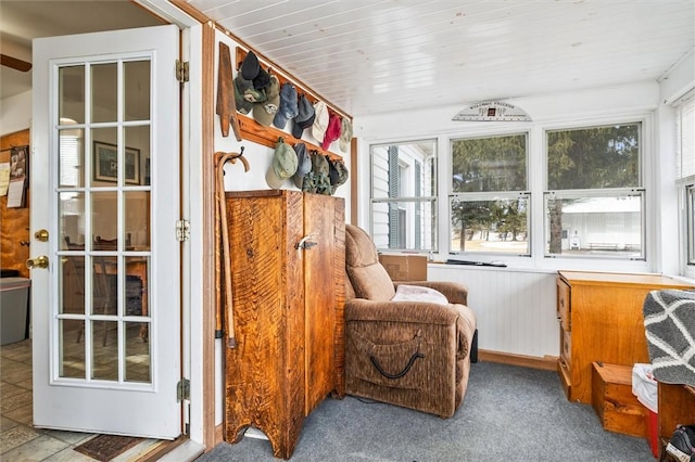 sunroom with wooden ceiling