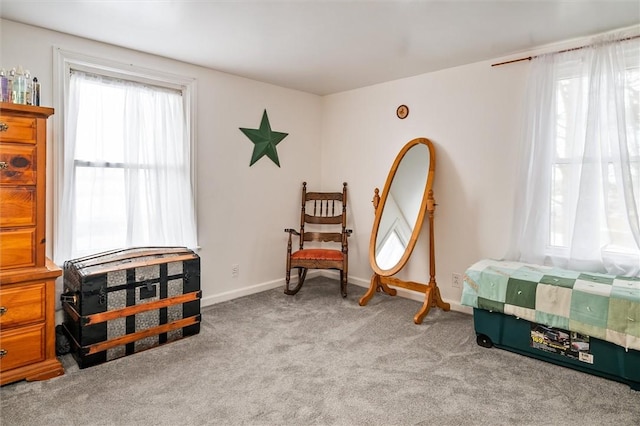 sitting room featuring light carpet, a wealth of natural light, and baseboards