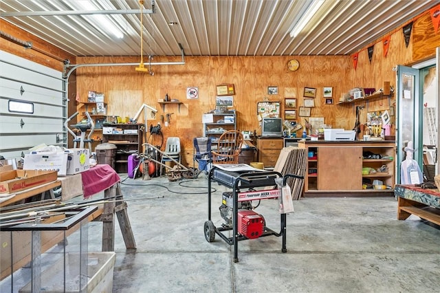 garage with a workshop area