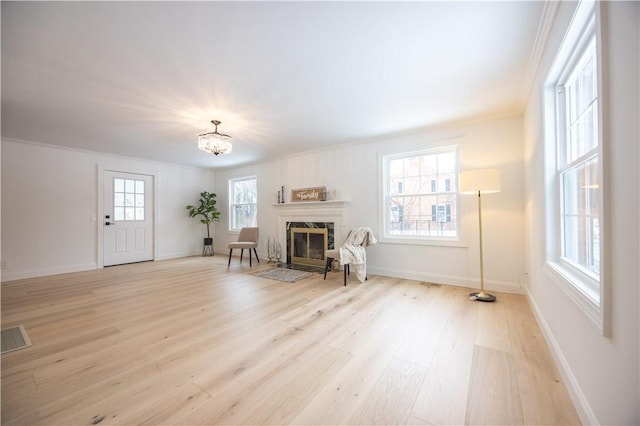 unfurnished room featuring light wood-style floors, baseboards, and a premium fireplace