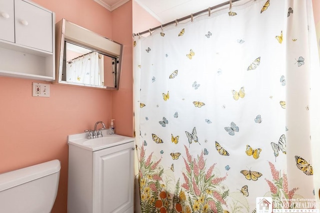 bathroom featuring curtained shower, vanity, and toilet