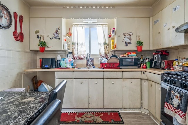 kitchen with white cabinetry, a sink, black appliances, and wood finished floors