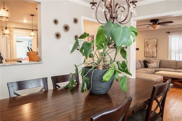 dining space with ceiling fan, ornamental molding, and wood finished floors