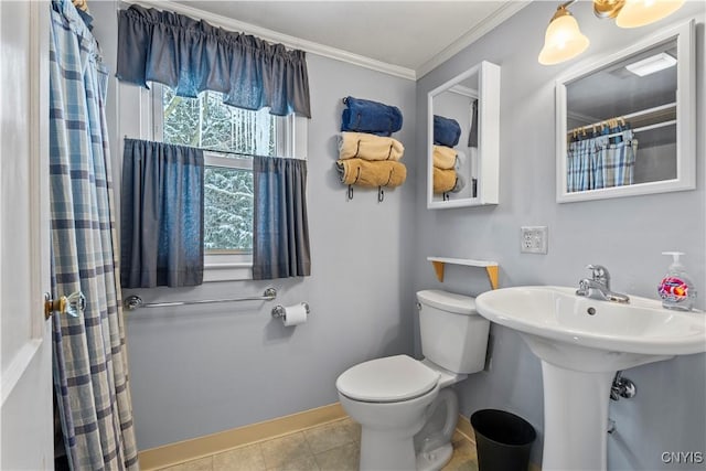 full bathroom with toilet, tile patterned flooring, plenty of natural light, and crown molding