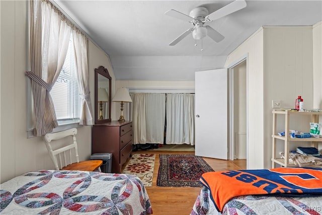 bedroom featuring ceiling fan and light wood-style flooring