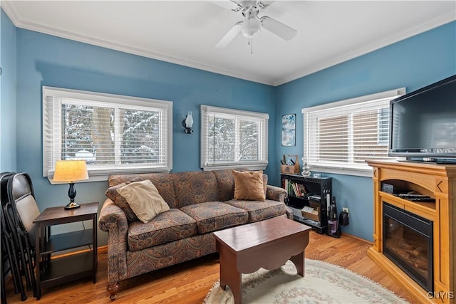 living area with a healthy amount of sunlight, light wood finished floors, and a glass covered fireplace