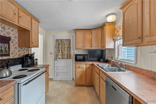 kitchen with light countertops, electric range, stainless steel dishwasher, a sink, and black microwave