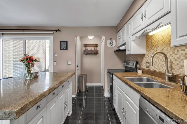 kitchen with white cabinets, dark tile patterned flooring, appliances with stainless steel finishes, under cabinet range hood, and a sink