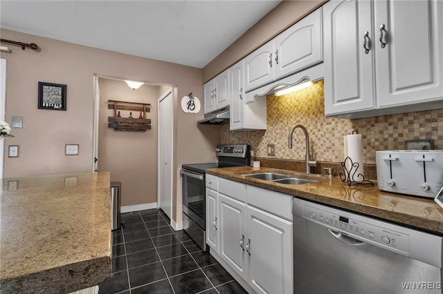 kitchen with decorative backsplash, appliances with stainless steel finishes, under cabinet range hood, white cabinetry, and a sink