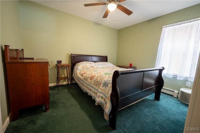 bedroom featuring baseboards, dark carpet, baseboard heating, and a ceiling fan