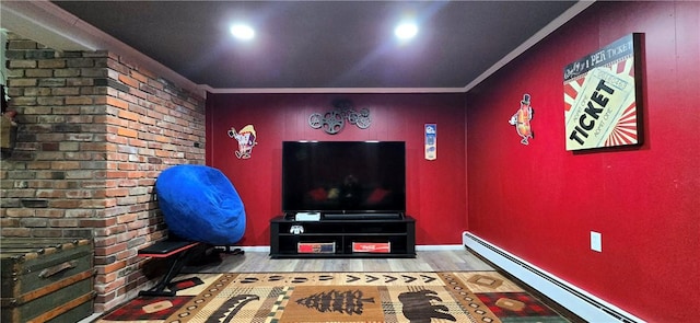 interior space featuring ornamental molding, baseboards, baseboard heating, and wood finished floors