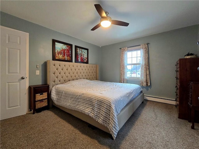 bedroom with carpet floors, ceiling fan, and baseboard heating