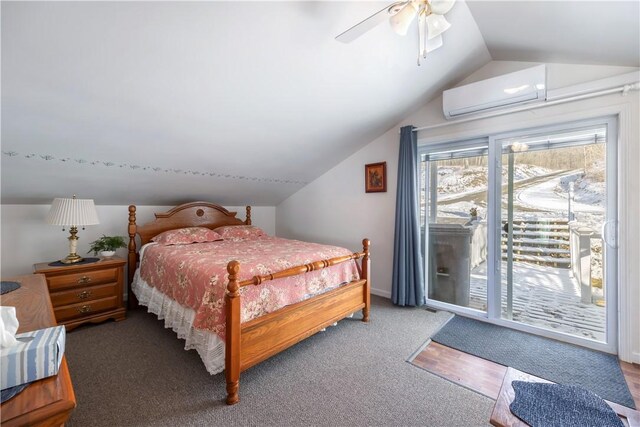 bedroom featuring carpet, lofted ceiling, an AC wall unit, ceiling fan, and access to outside