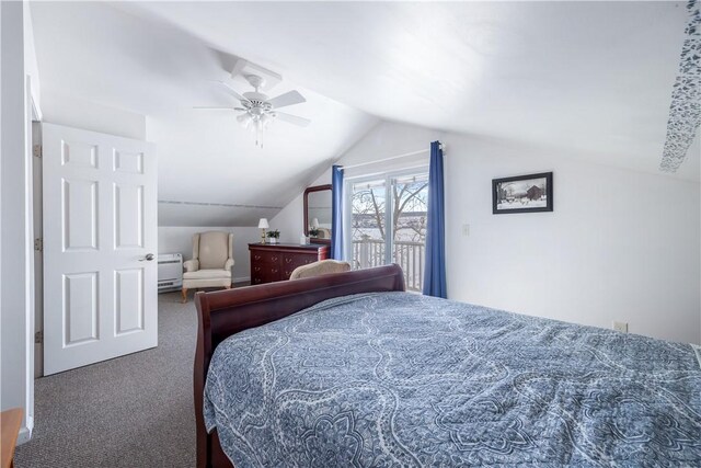 bedroom featuring lofted ceiling, ceiling fan, carpet, and access to outside