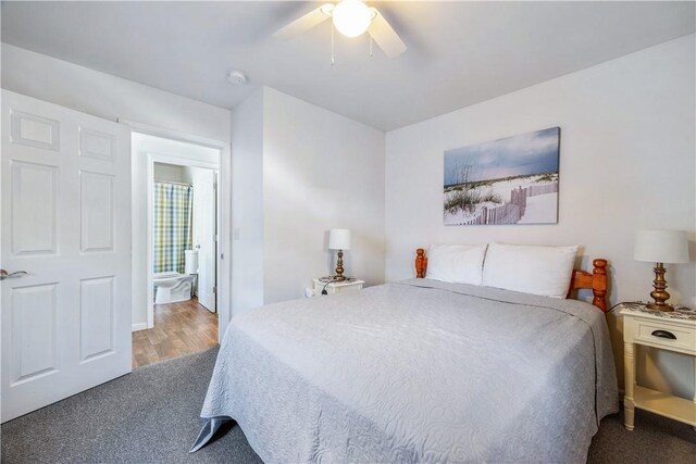 bedroom with ceiling fan and carpet flooring