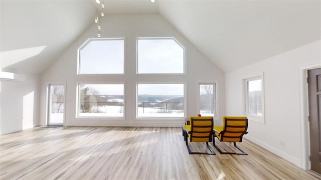 interior space featuring light wood-style floors, baseboards, and high vaulted ceiling