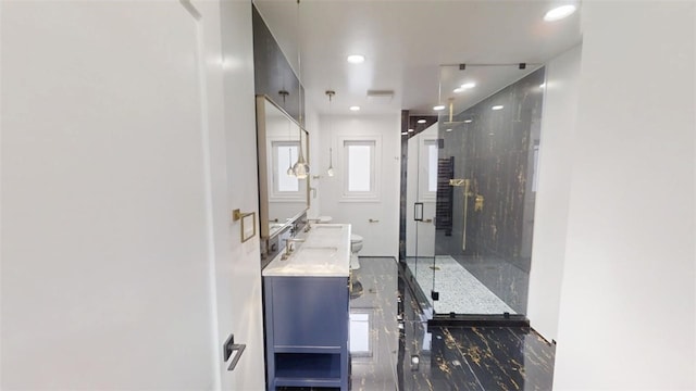 274 Reservoir Hill Rd, Plymouth, NY 13815 - bathroom with vanity, a stall shower, and recessed lighting