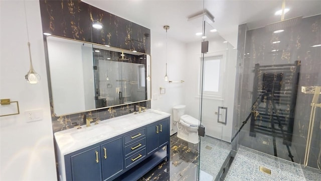 274 Reservoir Hill Rd, Plymouth, NY 13815 - bathroom featuring double vanity, a stall shower, and tasteful backsplash