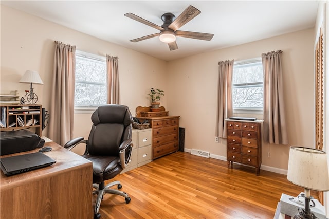 office area featuring light wood-style floors, visible vents, ceiling fan, and baseboards