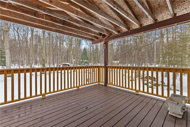 view of snow covered deck