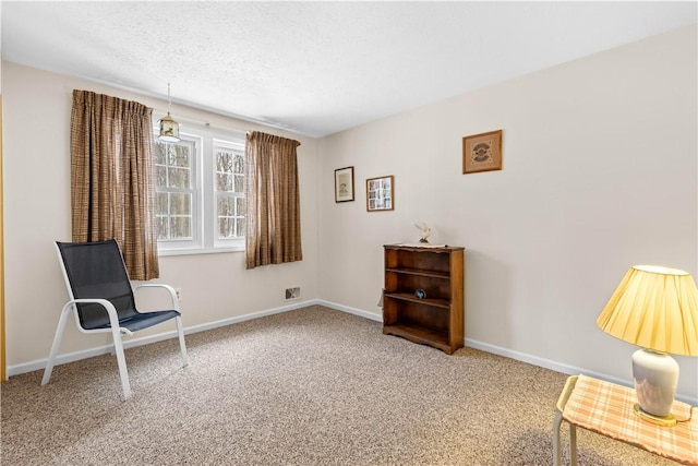 living area featuring a textured ceiling, carpet, and baseboards