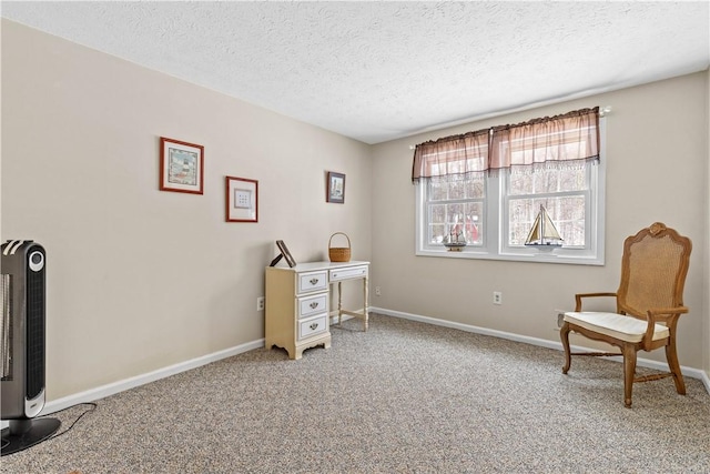 sitting room with a textured ceiling, carpet, and baseboards