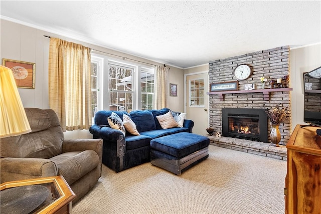 carpeted living room featuring crown molding, a fireplace, and a textured ceiling