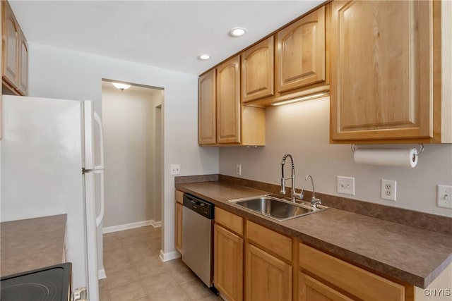 kitchen with range with electric stovetop, dark countertops, freestanding refrigerator, a sink, and dishwasher