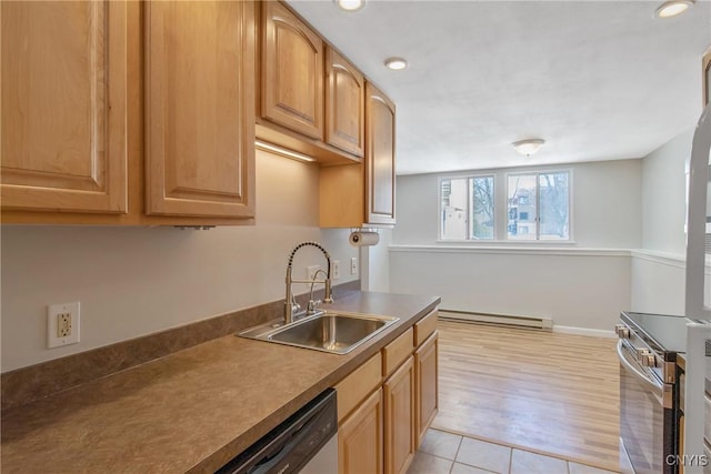 kitchen with light wood finished floors, dishwashing machine, baseboard heating, stainless steel range with electric cooktop, and a sink