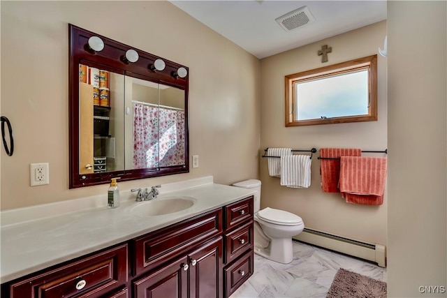 bathroom with visible vents, toilet, a baseboard radiator, marble finish floor, and vanity