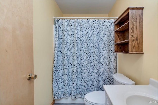 bathroom featuring toilet, vanity, and a shower with shower curtain