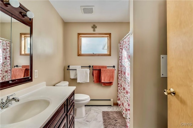 full bathroom featuring visible vents, toilet, marble finish floor, baseboard heating, and vanity