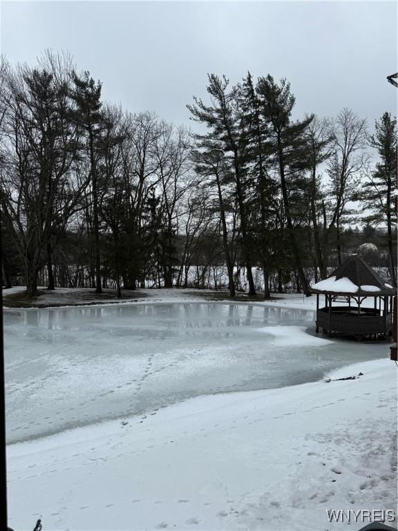 snowy yard featuring a gazebo