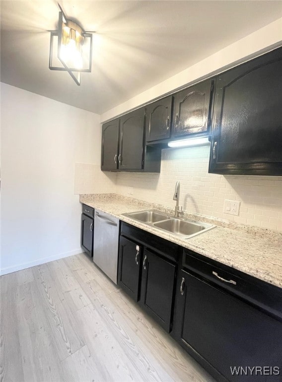 kitchen with light wood finished floors, tasteful backsplash, light countertops, a sink, and dishwasher