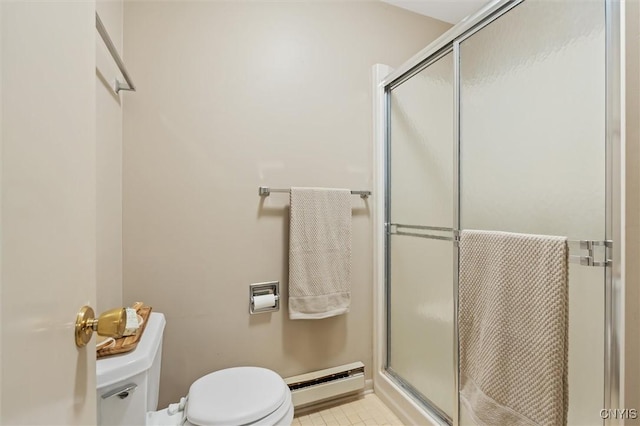 bathroom with a stall shower, toilet, and baseboard heating