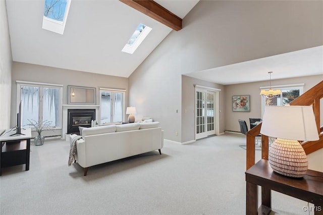 living room featuring high vaulted ceiling, light carpet, baseboards, beamed ceiling, and a glass covered fireplace