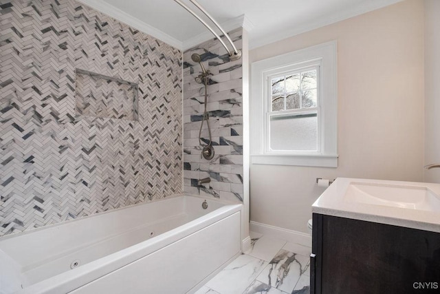 bathroom with baseboards, marble finish floor, bathtub / shower combination, crown molding, and vanity